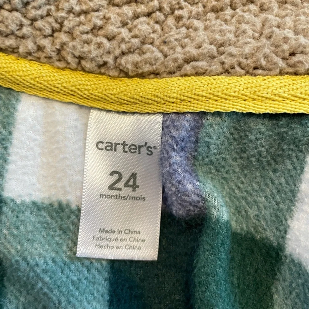 Carter's Fleece Vest W/Sherpa Collar Blue & Green Plaid Full Zip 24‎ Months